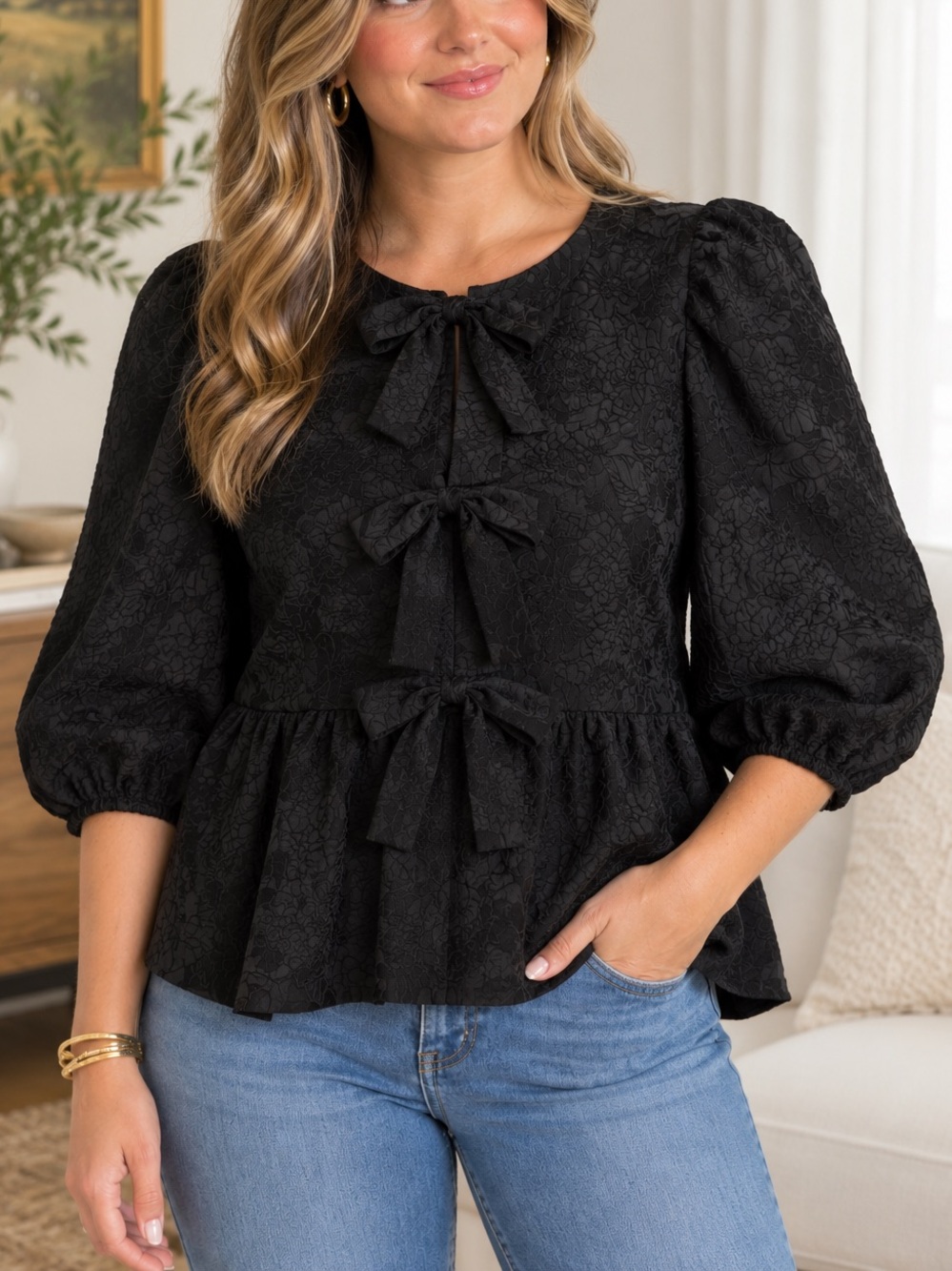 entro Peplum Top with Front Bows Black Large